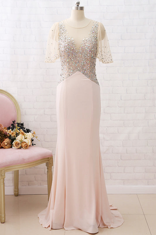 MACloth Short Sleeves with Crystals Sheath Long Prom Dress Jersey Formal Evening Gown