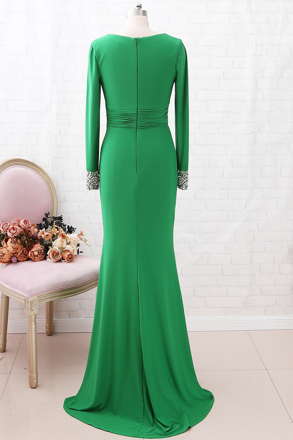 Macloth Long Sleeves V Neck Jersey Long Mother of The Brides Dress Green Formal Evening Gown Custom Size / Custom Color Macloth Long Sleeves V Neck Jersey Long Mother of The Brides Dress Green Formal Evening Gown Custom Size / Custom Color