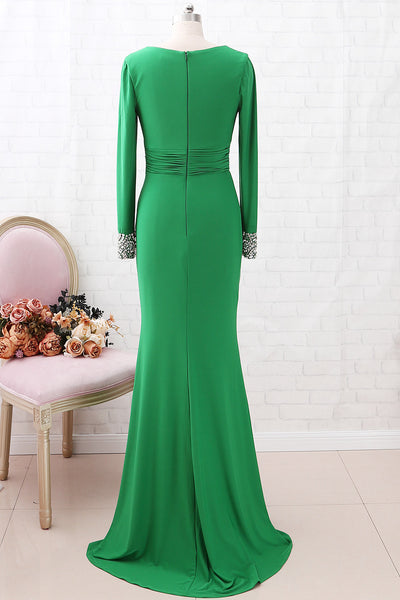 MACloth Long Sleeves V Neck Jersey Long Mother of the Brides Dress Green Formal Evening Gown