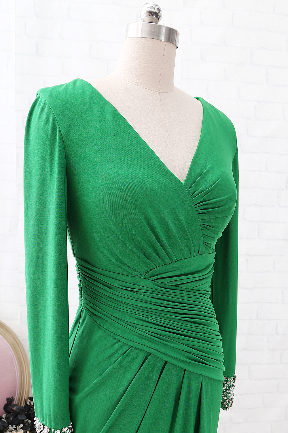 MACloth Lange Ärmel V-Ausschnitt Jersey Langes Kleid für die Mutter der Braut Grünes formelles Abendkleid