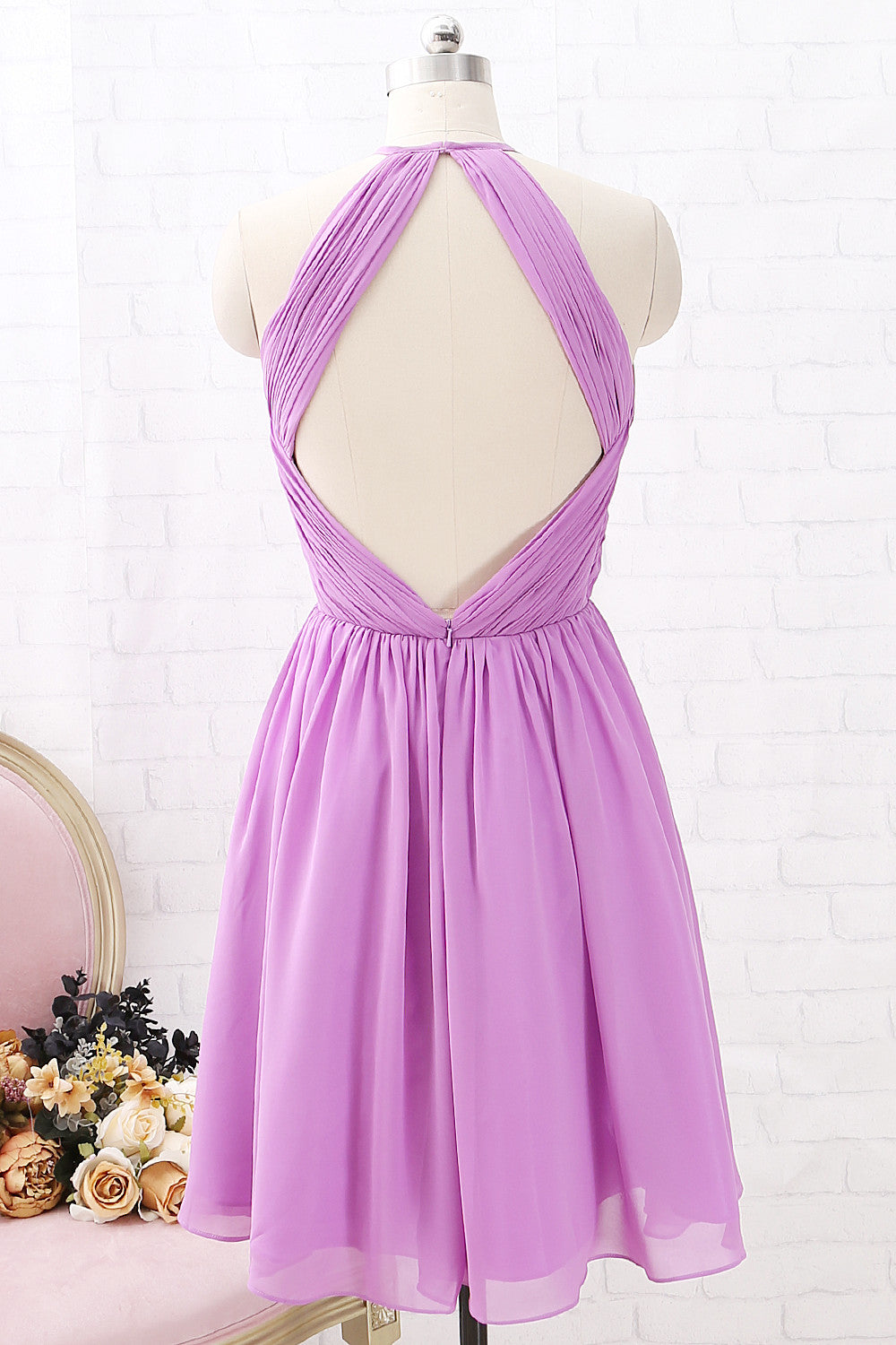 MACloth Neckholder-Kurzkleid mit O-Ausschnitt, Chiffon, für Brautjungfern, Hochzeitsfeier, Kleid mit offenem Rücken
