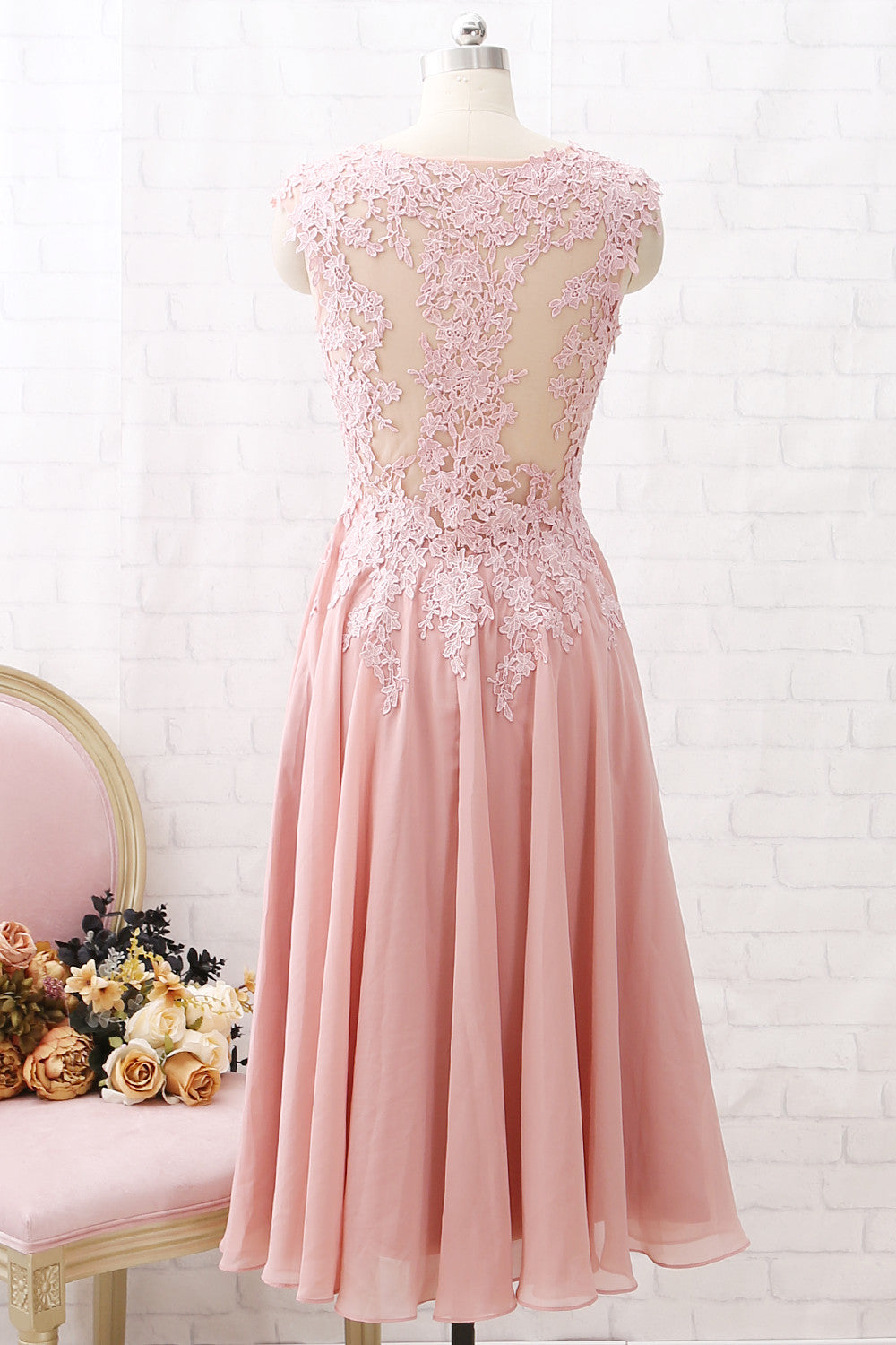 MACloth V Neck Lace Illusion Midi Prom Homecoming Dress Dusty Pink For MACloth V Neck Lace Illusion Midi Prom Homecoming Dress Dusty Pink For