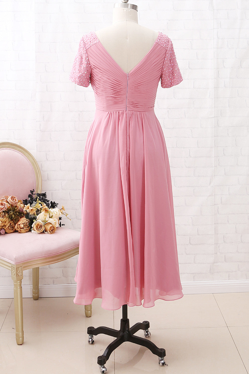 MACloth Kurze Ärmel V-Ausschnitt Chiffon Rose Wadenlanges Kleid für die Brautmutter
