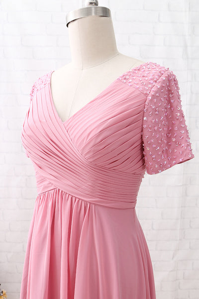 MACloth Short Sleeves V Neck Chiffon Rose Tea Length Mother of the Brides Dress