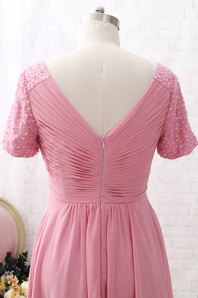 MACloth Short Sleeves V Neck Chiffon Rose Tea Length Mother of the Brides Dress