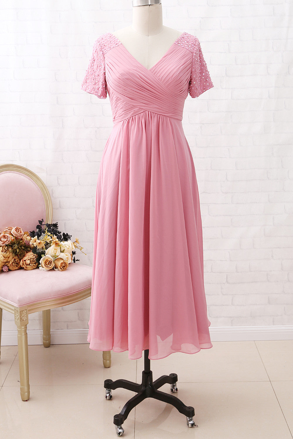 MACloth Kurze Ärmel V-Ausschnitt Chiffon Rose Wadenlanges Kleid für die Brautmutter