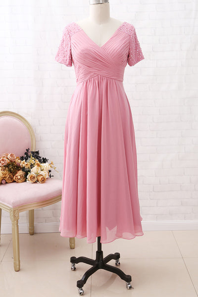 MACloth Short Sleeves V Neck Chiffon Rose Tea Length Mother of the Brides Dress