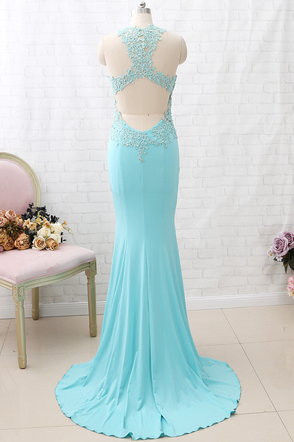 MACloth Etuikleid mit Rundhalsausschnitt, Spitze, Jersey, Aquamarin, lang, Ballkleid, formelles Abendkleid