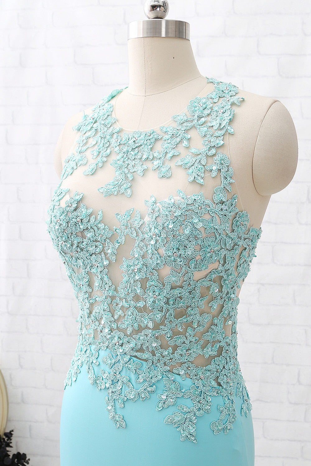 MACloth Etuikleid mit Rundhalsausschnitt, Spitze, Jersey, Aquamarin, lang, Ballkleid, formelles Abendkleid