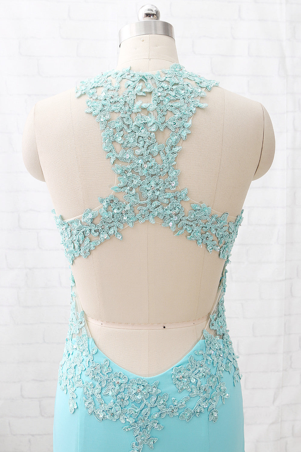 MACloth Etuikleid mit Rundhalsausschnitt, Spitze, Jersey, Aquamarin, lang, Ballkleid, formelles Abendkleid