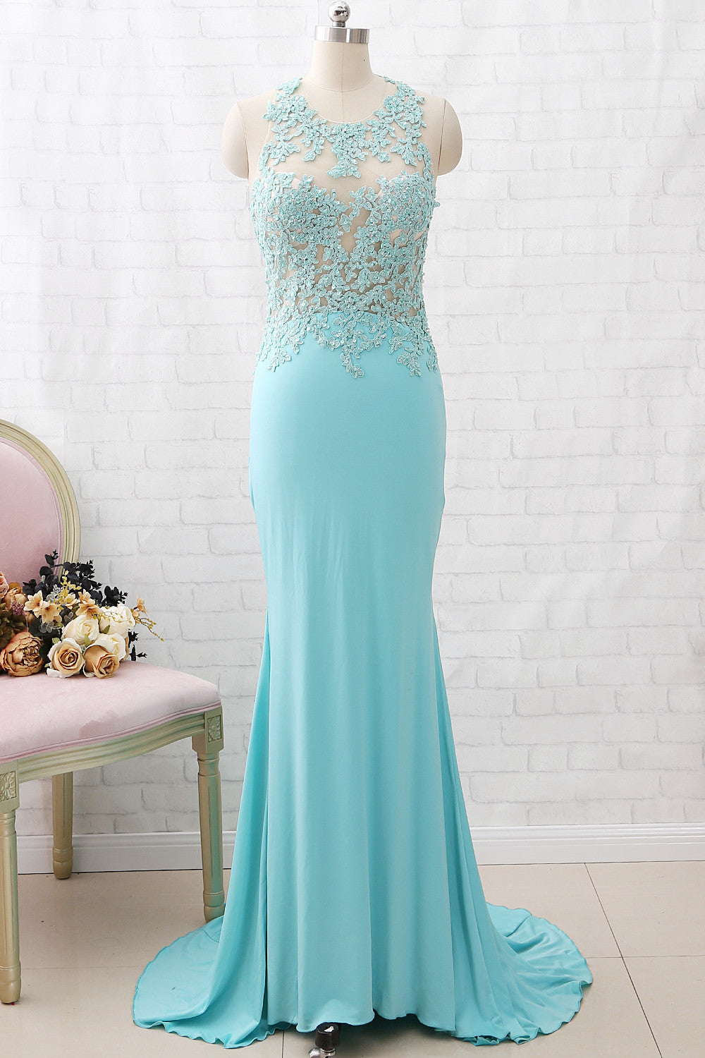 MACloth Etuikleid mit Rundhalsausschnitt, Spitze, Jersey, Aquamarin, lang, Ballkleid, formelles Abendkleid