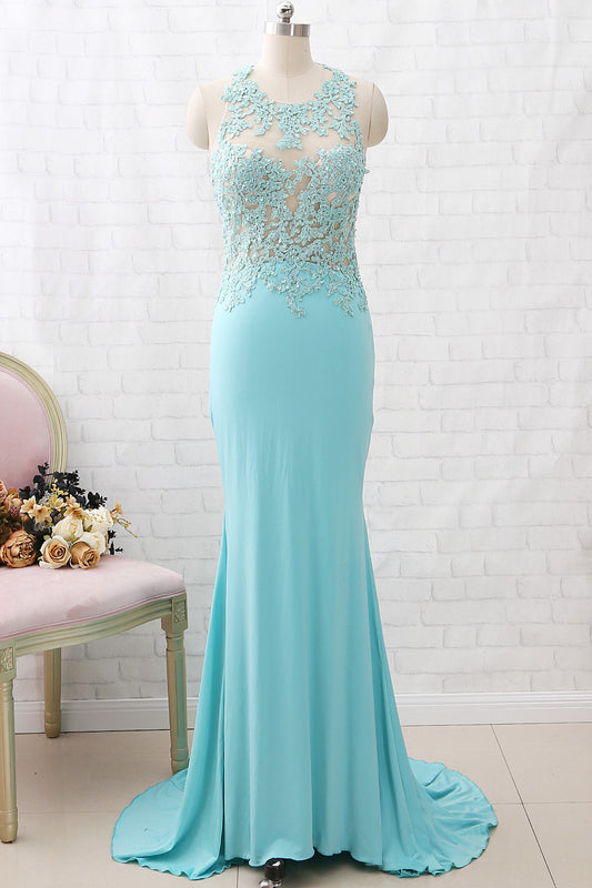 Vestido de fiesta largo de jersey de encaje con escote redondo MACloth en color aguamarina, vestido de noche formal