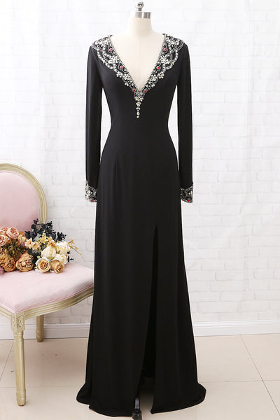MACloth Long Sleeves Deep V Neck Jersey Formal Evening Dress Black Pageant Gown