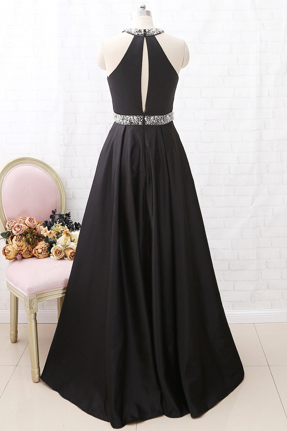 MACloth Neckholder-O-Ausschnitt mit Perlenbesatz, langes Ballkleid, schwarzes formelles Abendkleid