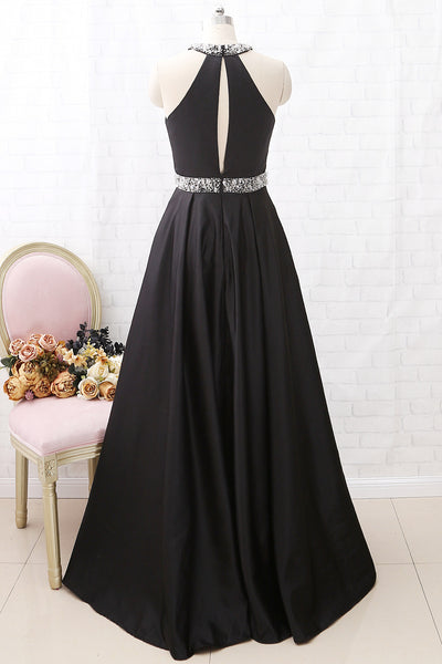 MACloth Halter O Neck with Beaded Long Prom Dress Black Formal Evening Gown