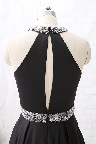 MACloth Halter O Neck with Beaded Long Prom Dress Black Formal Evening Gown