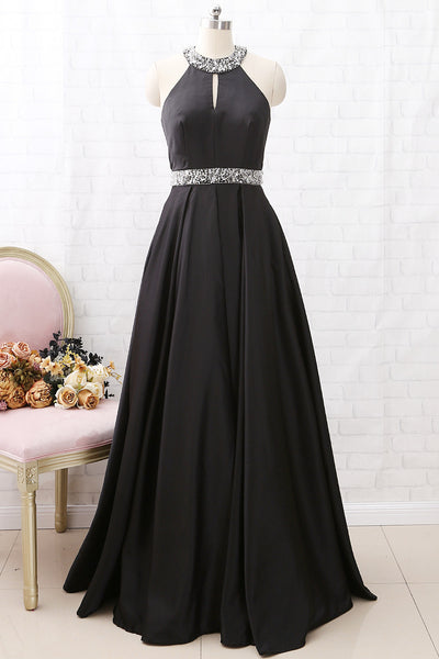 MACloth Halter O Neck with Beaded Long Prom Dress Black Formal Evening Gown