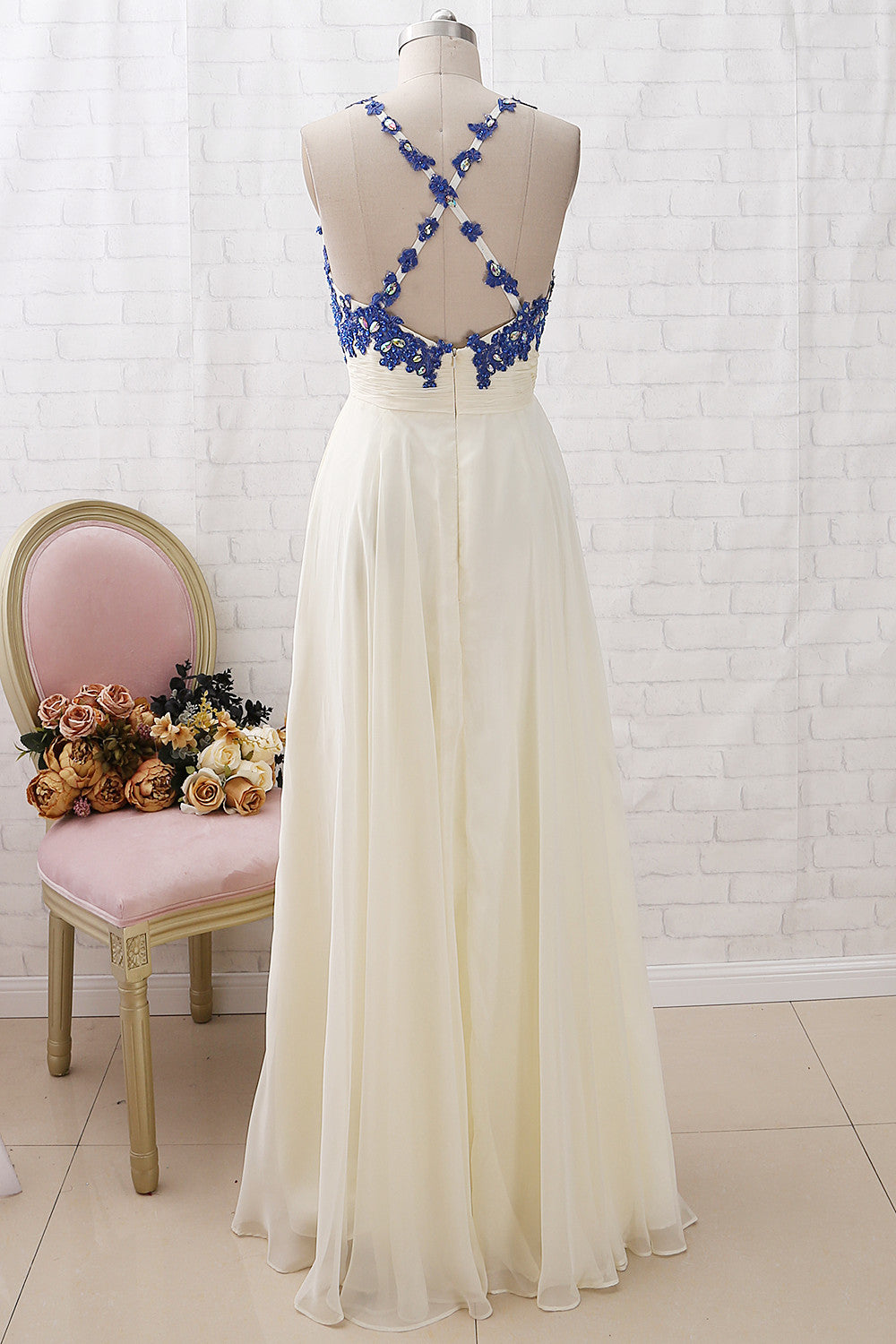 Vestido de fiesta largo de gasa con escote en V y tirantes MACloth, de encaje, color azul real y marfil, vestido de noche formal