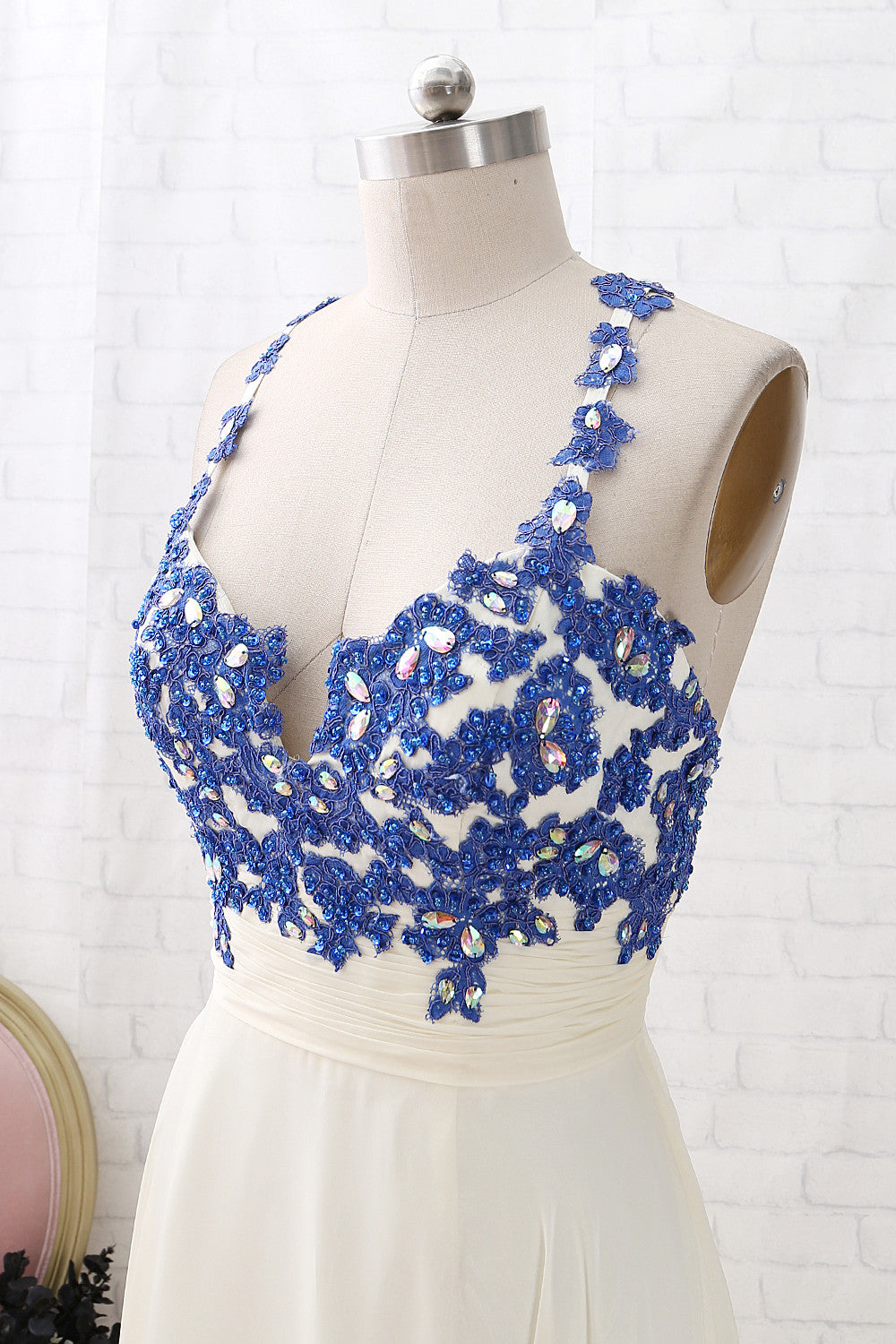 Vestido de fiesta largo de gasa con escote en V y tirantes MACloth, de encaje, color azul real y marfil, vestido de noche formal