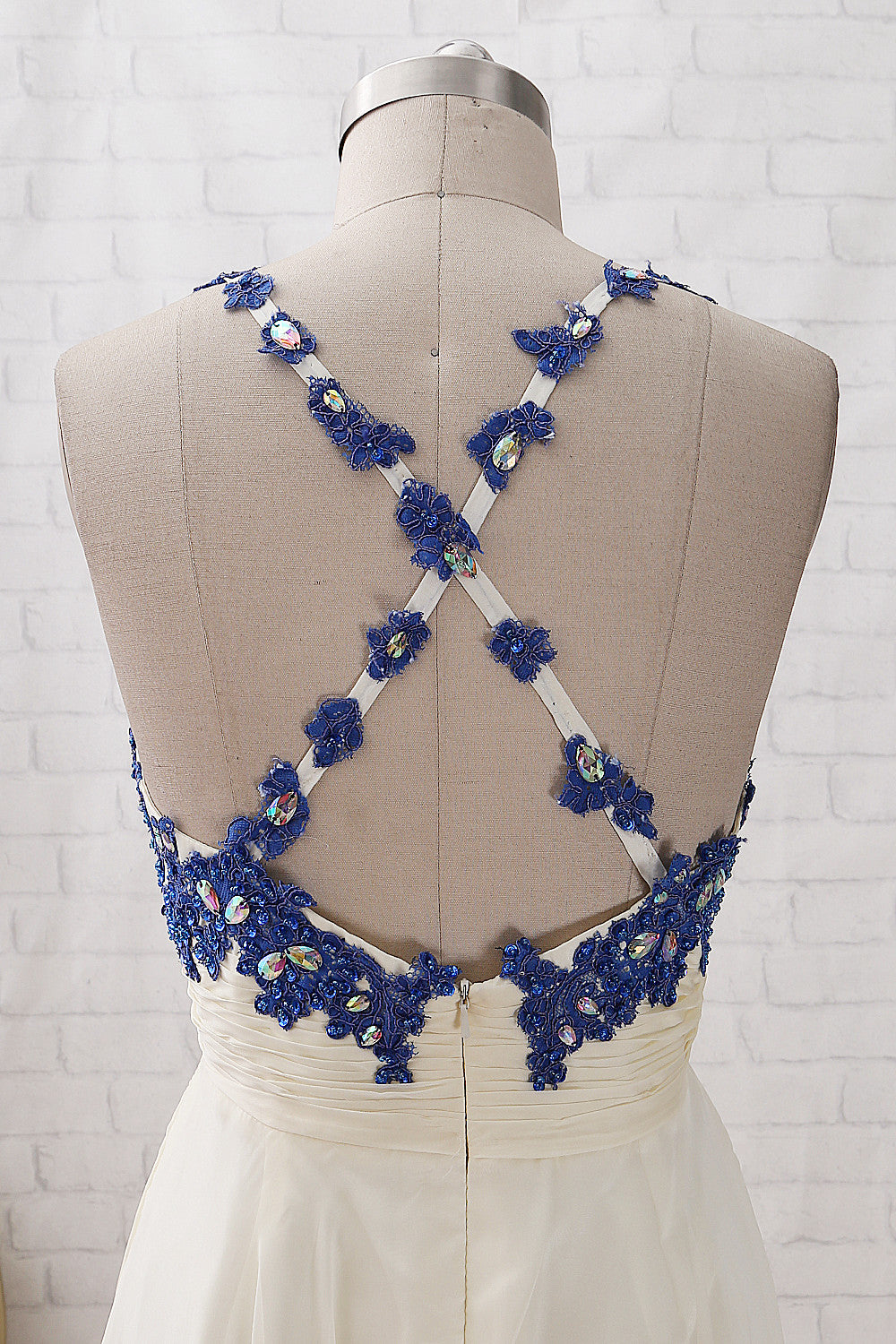 Vestido de fiesta largo de gasa con escote en V y tirantes MACloth, de encaje, color azul real y marfil, vestido de noche formal