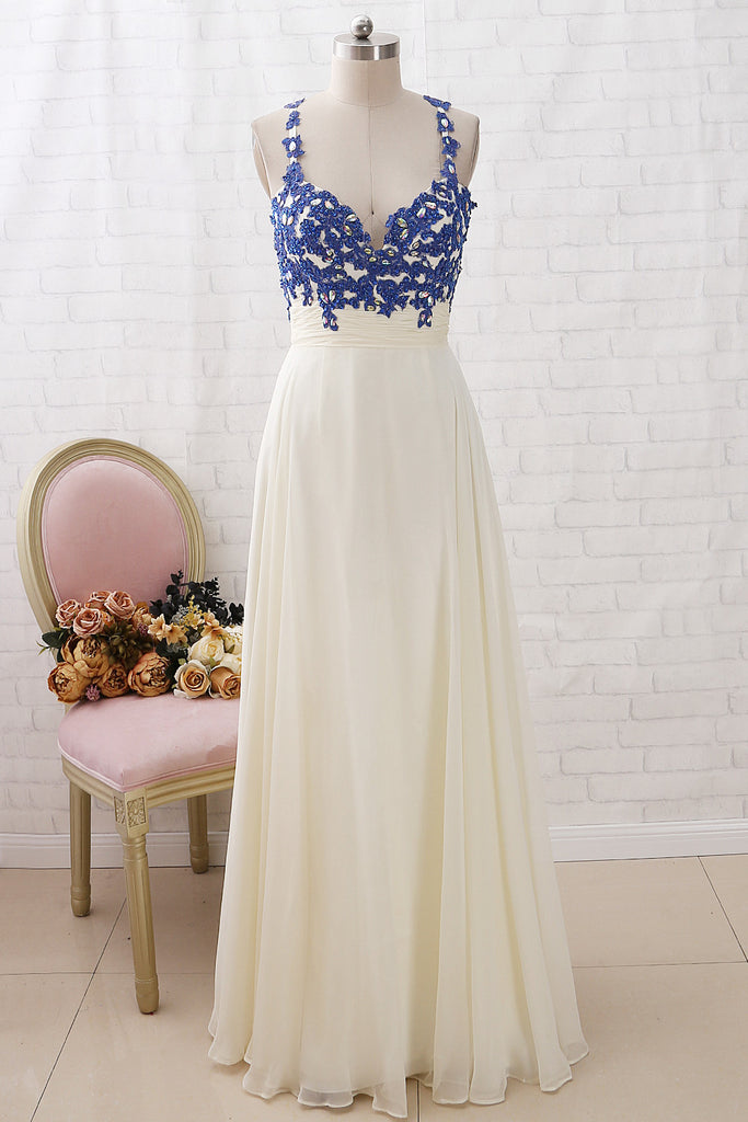 MACloth Straps V Neck Lace Chiffon Long Prom Dress Royal Blue Ivory Formal Evening Gown