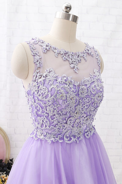 MACloth Straps O Neck Lace Tulle Mini Prom Homecoming Dress Lavender Party Formal Dress