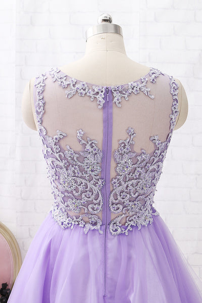 MACloth Straps O Neck Lace Tulle Mini Prom Homecoming Dress Lavender Party Formal Dress