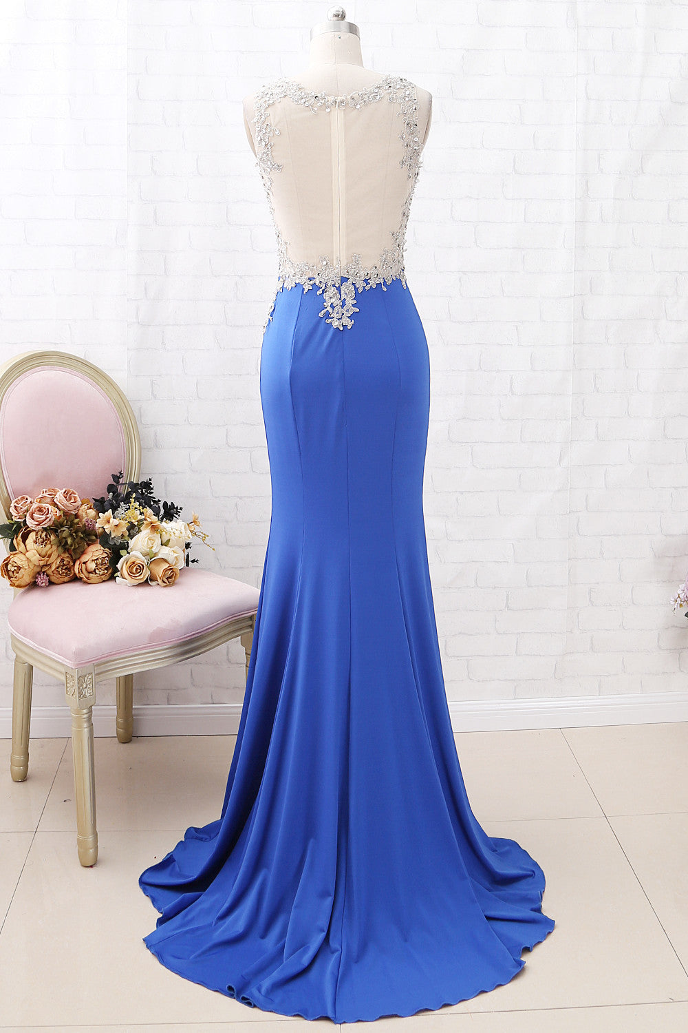 Vestido de fiesta largo de jersey de encaje con ilusión de sirena MACloth en azul real, vestido de noche formal