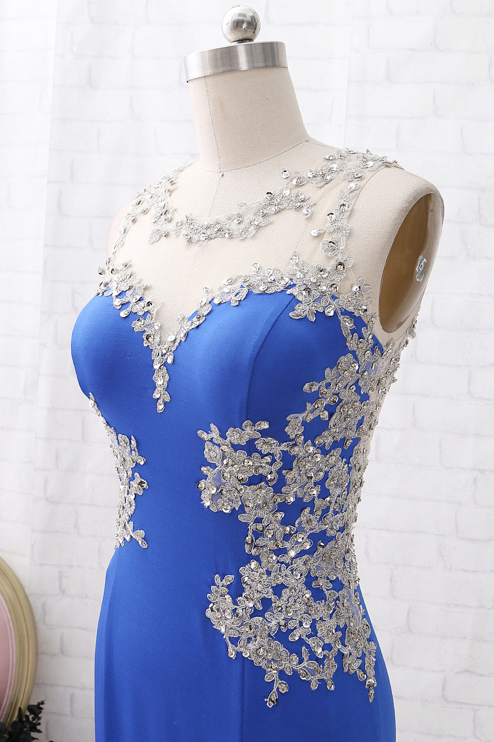 Vestido de fiesta largo de jersey de encaje con ilusión de sirena MACloth en azul real, vestido de noche formal