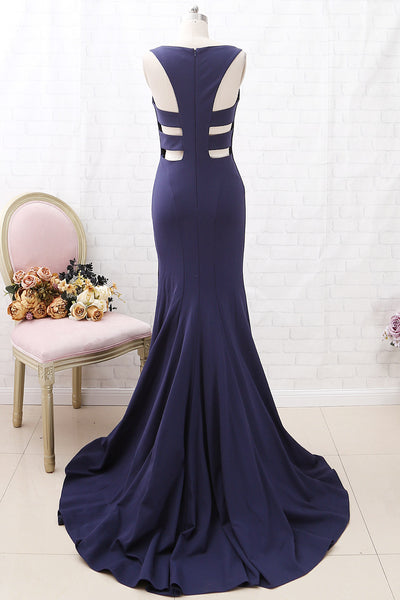 MACloth Mermaid O Neck Dark Navy Formal Evening Gown with Cut out Back