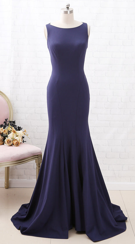 MACloth Mermaid O Neck Dark Navy Formal Evening Gown with Cut out Back