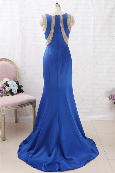 MACloth Mermaid Straps O Neck with Beaded Long Prom Dress Royal Blue Formal Evening Gown