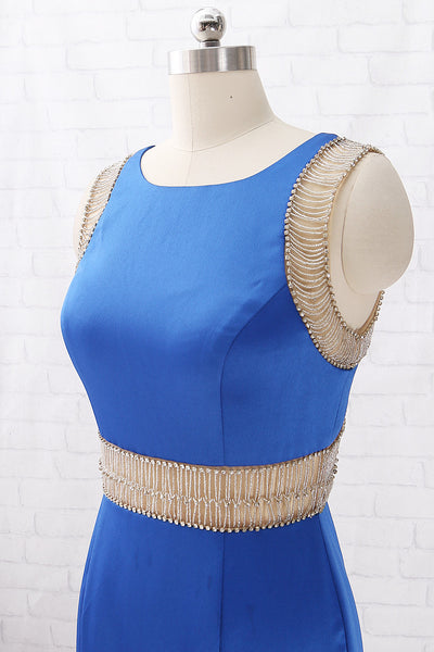 MACloth Mermaid Straps O Neck with Beaded Long Prom Dress Royal Blue Formal Evening Gown