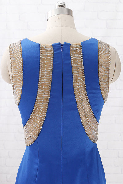 MACloth Mermaid Straps O Neck with Beaded Long Prom Dress Royal Blue Formal Evening Gown