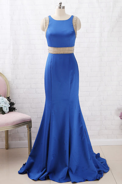 MACloth Mermaid Straps O Neck with Beaded Long Prom Dress Royal Blue Formal Evening Gown