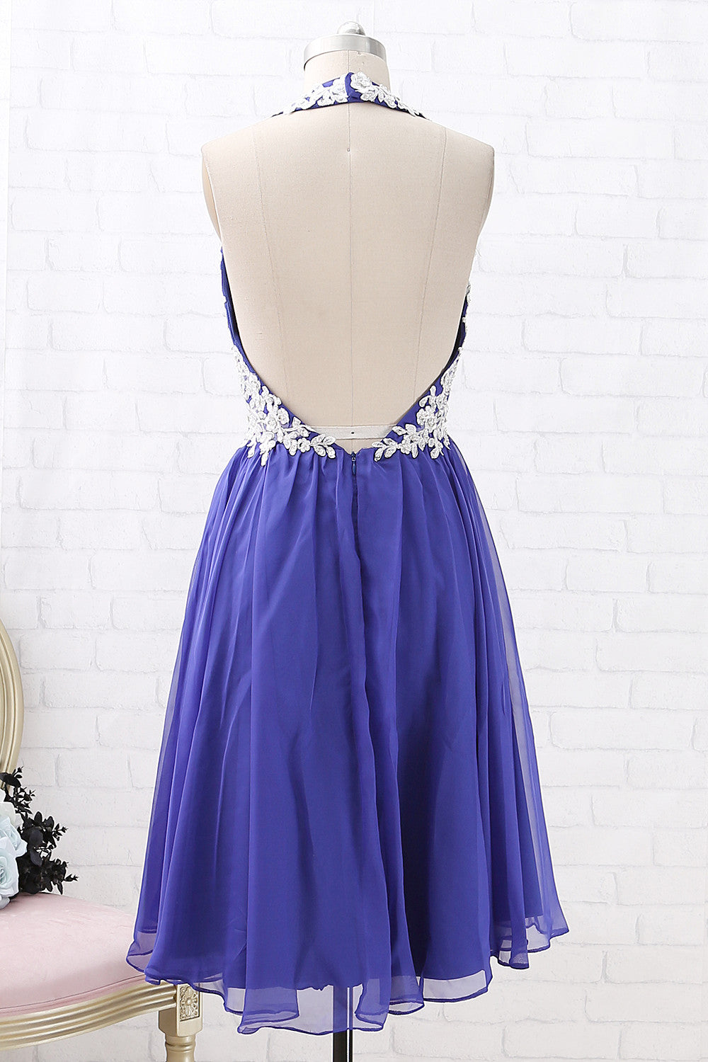 Vestido corto de gasa con escote en V y cuello halter de MACloth con encaje para fiesta de graduación y regreso a casa Vestido de cóctel estilo regencia