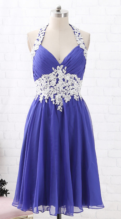 MACloth Halter V Neck Lace Chiffon Short Prom Homecoming Dress Regency Cocktail Dress