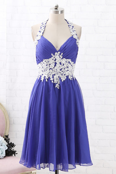 MACloth Halter V Neck Lace Chiffon Short Prom Homecoming Dress Regency Cocktail Dress