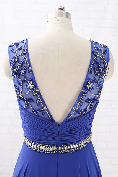 MACloth Straps V Neck with Beaded Chiffon Long Prom Dress Royal Blue Formal Evening Gown