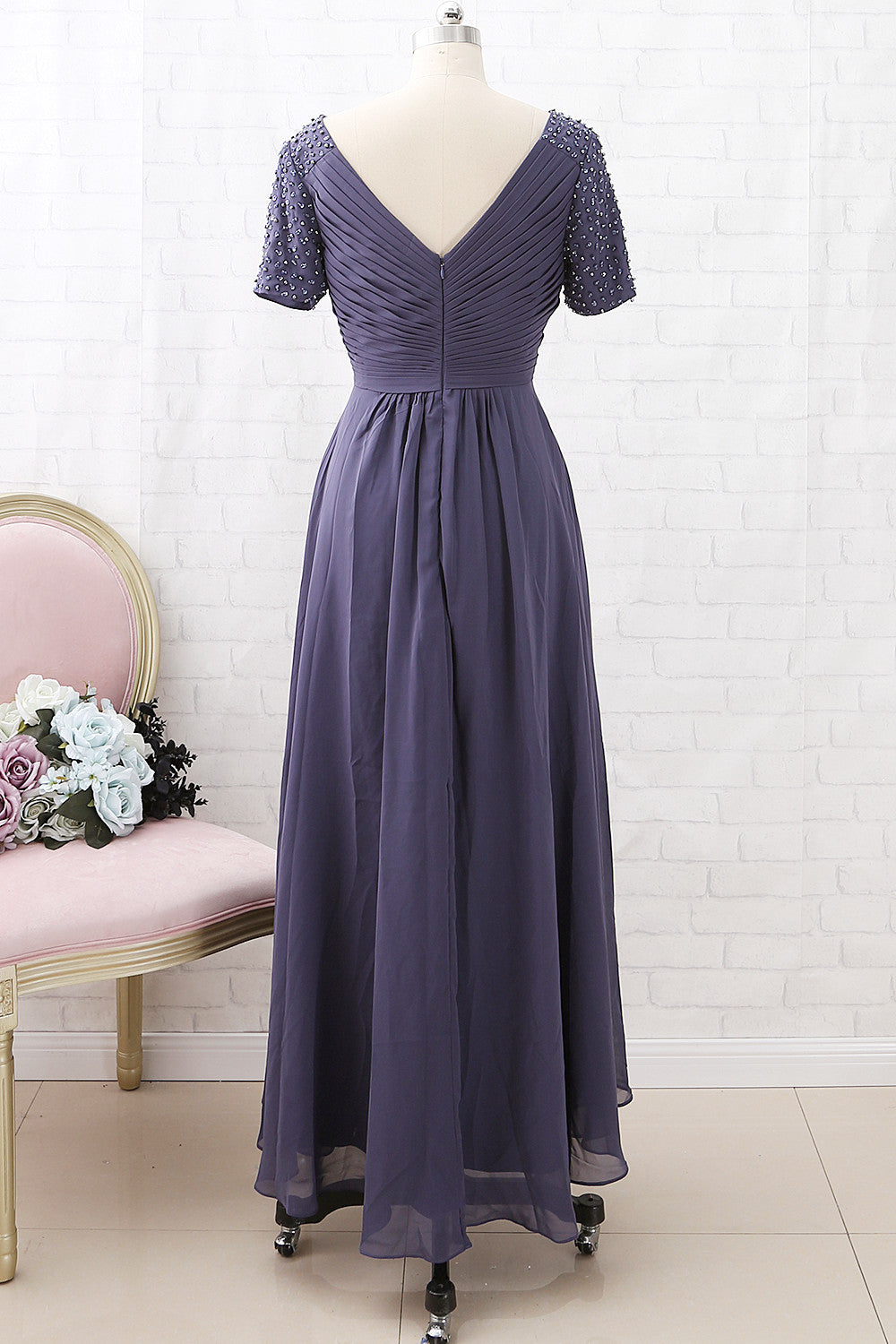 MACloth Kurze Ärmel mit Perlenbesatz, V-Ausschnitt, Stahlblau, Kleid für die Brautmutter, Hochzeitskleid