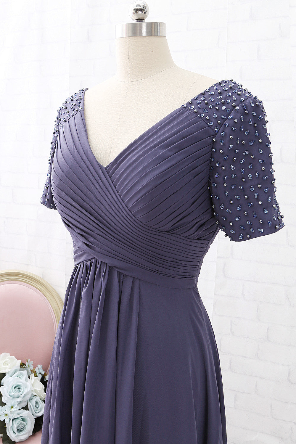 MACloth Kurze Ärmel mit Perlenbesatz, V-Ausschnitt, Stahlblau, Kleid für die Brautmutter, Hochzeitskleid