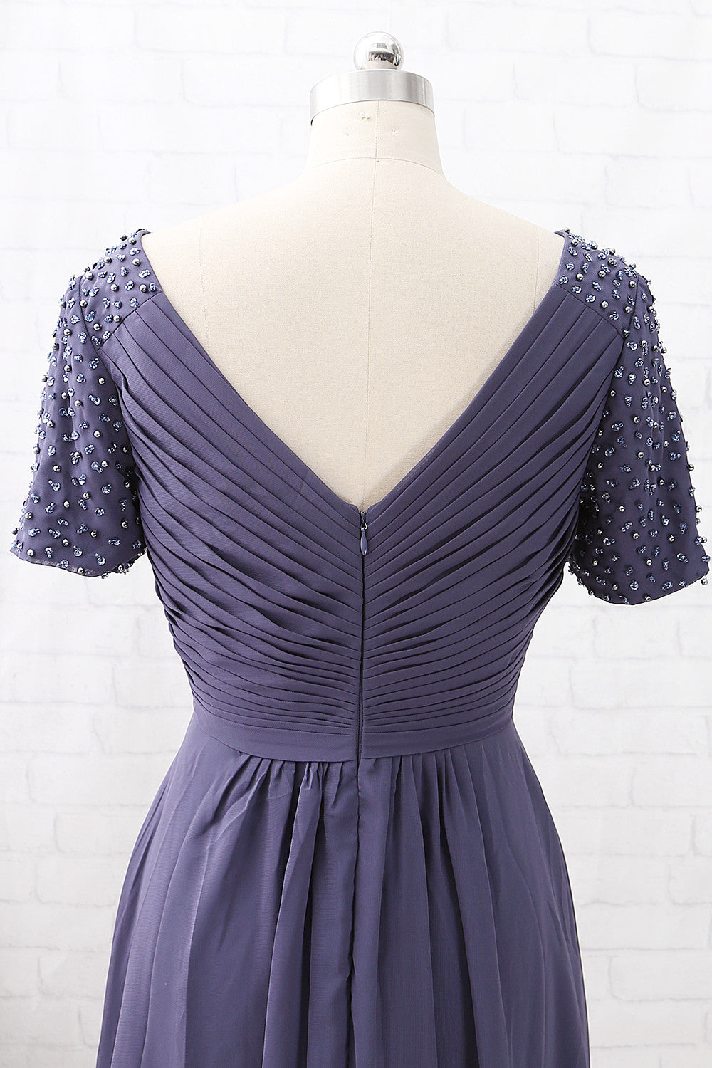 MACloth Kurze Ärmel mit Perlenbesatz, V-Ausschnitt, Stahlblau, Kleid für die Brautmutter, Hochzeitskleid