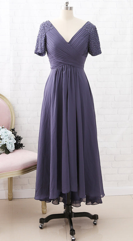 MACloth Short Sleeves with Beaded V Neck Steel Blue Mother of the Brides Dress Wedding Party Dress