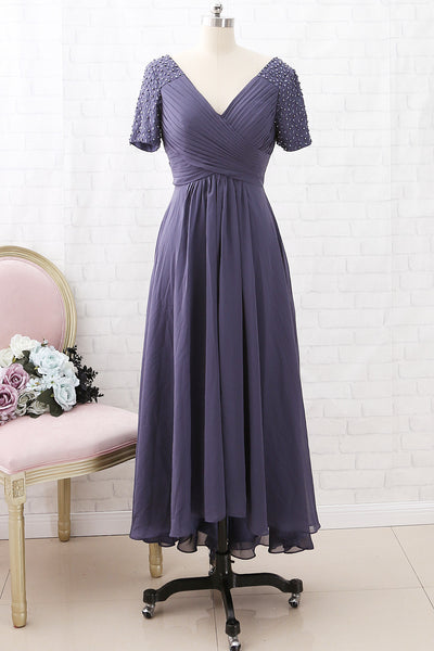 MACloth Short Sleeves with Beaded V Neck Steel Blue Mother of the Brides Dress Wedding Party Dress