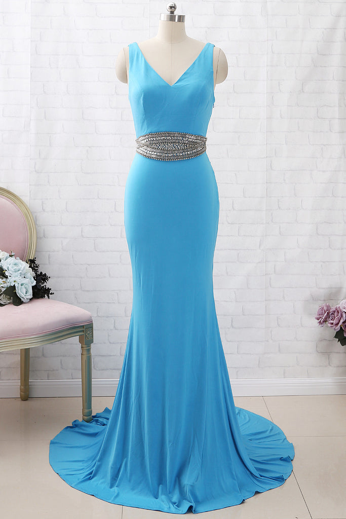 MACloth Mermaid V Neck Jersey Long Prom Dress Blue Formal Evening Gown