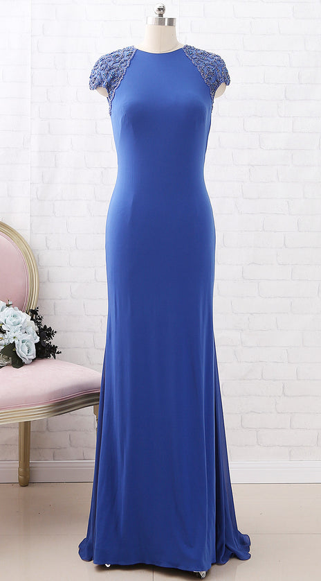 MACloth Cap Sleeves Beaded Sheath Maxi Prom Dress Royal Blue Formal Evening Gown