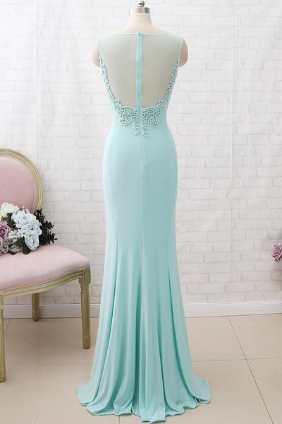 MACloth Sheath O Neck Jersey Mint Maxi Prom Dress Formal Evening Gown