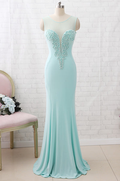 MACloth Sheath O Neck Jersey Mint Maxi Prom Dress Formal Evening Gown