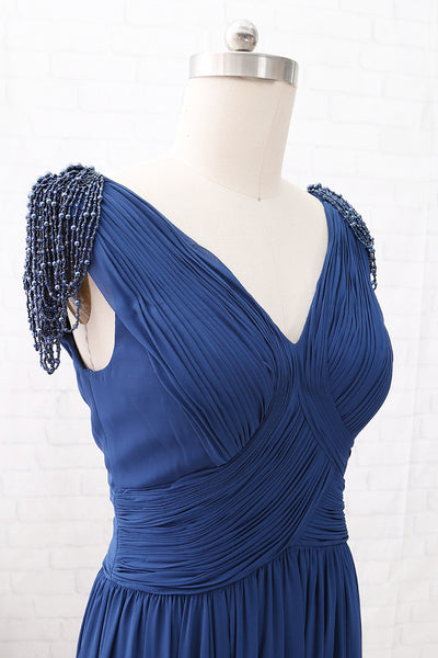 MACloth Cap Sleeves with Beaded V Neck Chiffon Maxi Mother of the Brides Dress Dark Navy Evening Gown