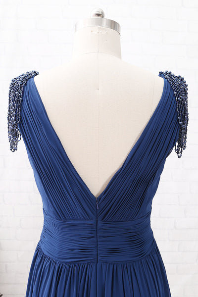 MACloth Cap Sleeves with Beaded V Neck Chiffon Maxi Mother of the Brides Dress Dark Navy Evening Gown